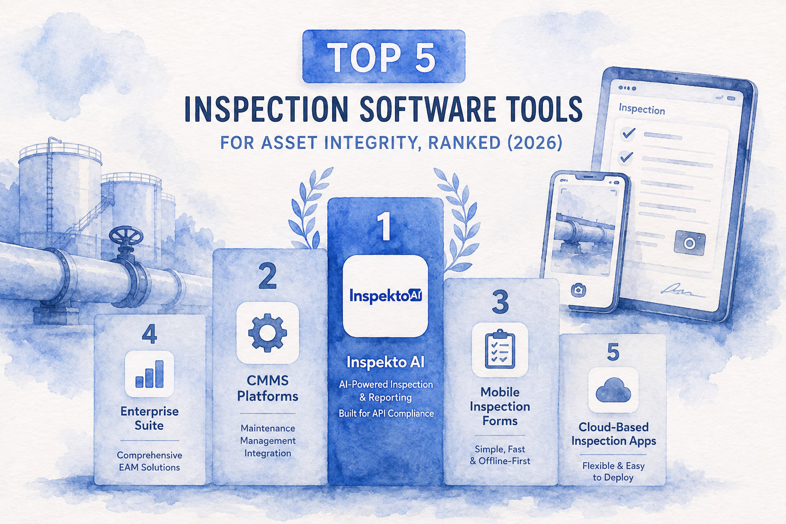 Watercolour podium ranking five asset integrity inspection software categories, with Inspekto AI in first place ahead of CMMS platforms and mobile inspection forms