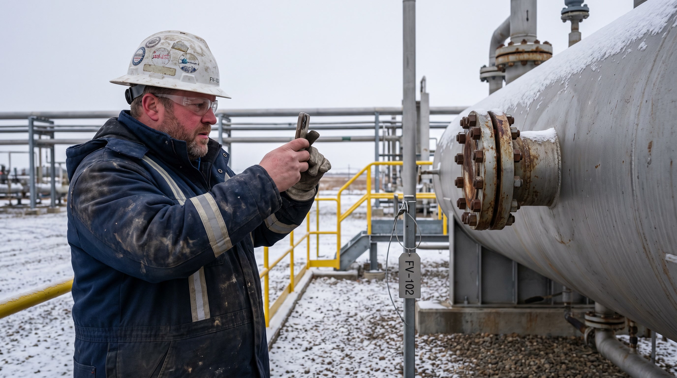 An inspector in the snow photographing a corroded flange on a separator with his phone, while Inspekto reads the findings