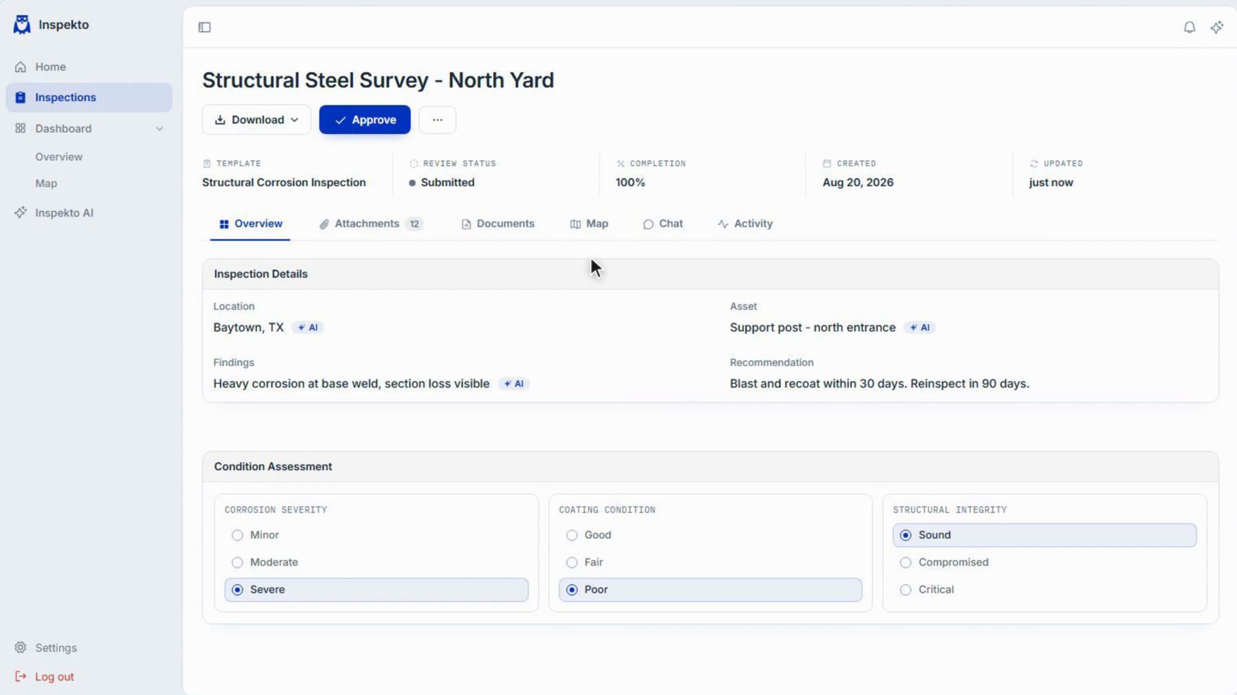 Inspekto dashboard showing an inspection overview with AI-filled fields, a Download menu and an Approve button
